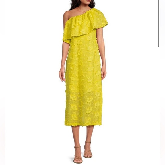 Abbey Glass Yellow Sutton Lace 3D Floral Ruffle One Shoulder Midi Cotton Dress - Picture 1 of 16
